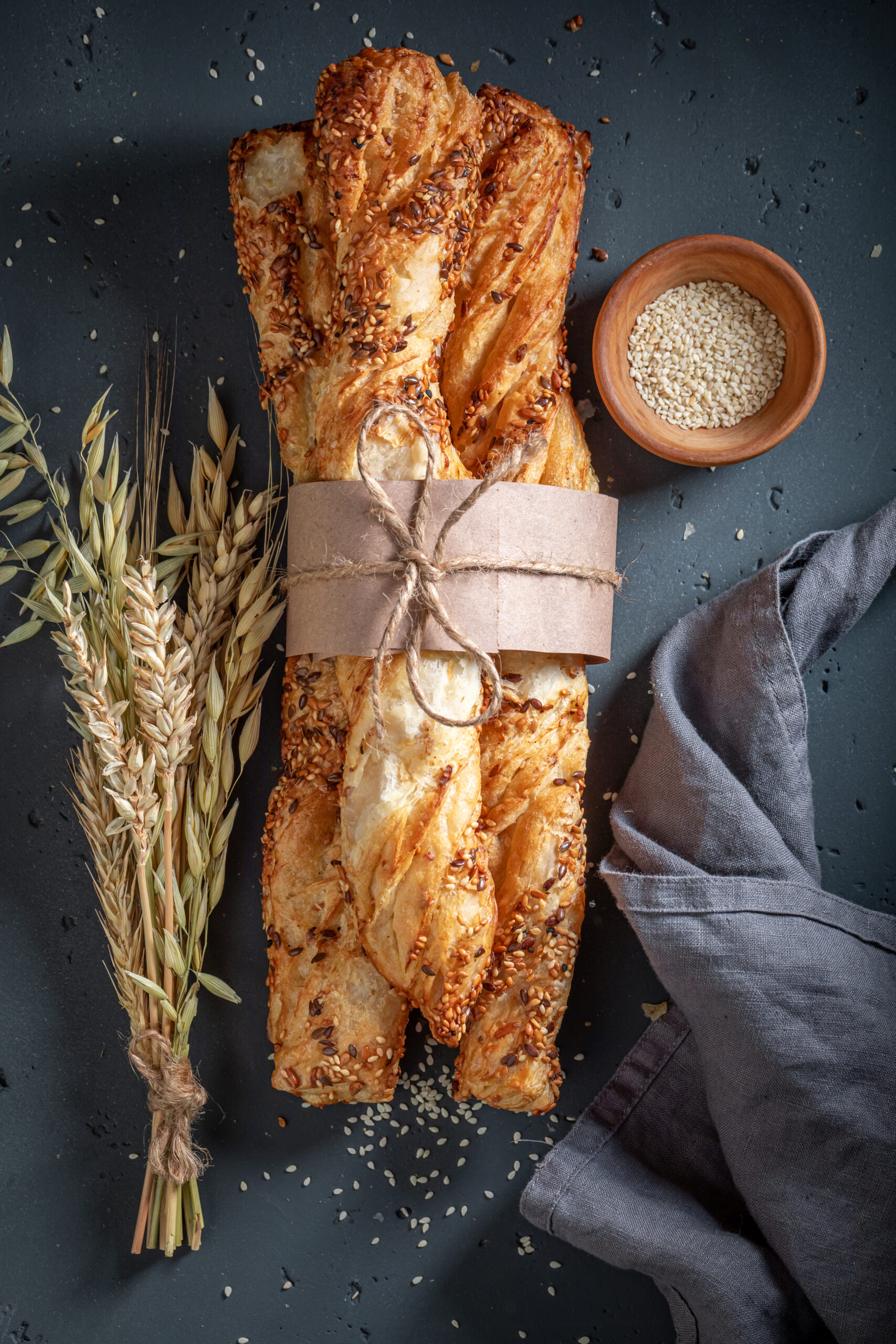 Homemade bread sticks freshly baked with sesame seeds. Baked grissini with sesame seeds.